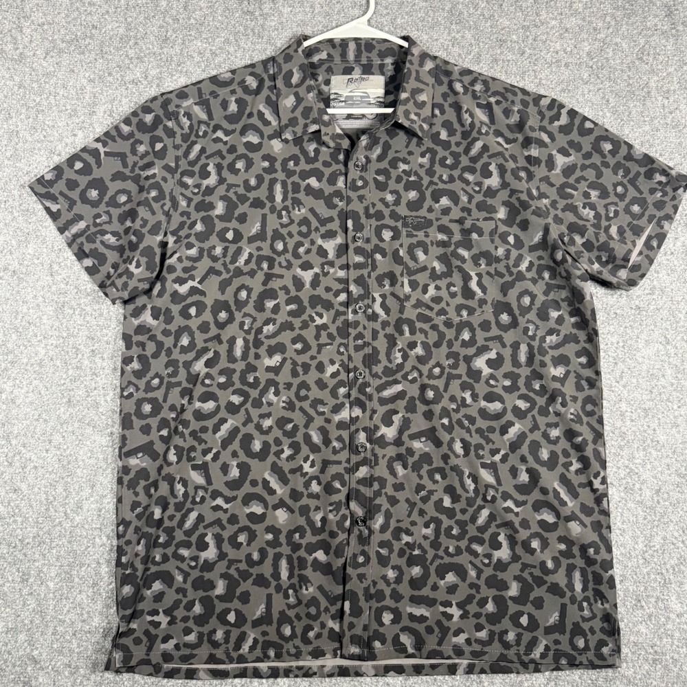 Retro Rifle Leopard Print Short Sleeve Button Up Shirt Mens 2XL Gray Stretch